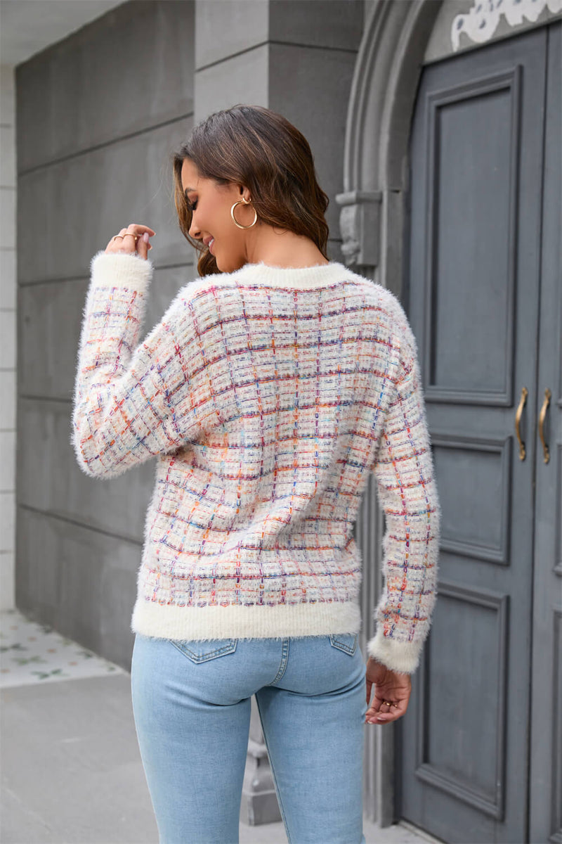 Taylor Plaid Fuzzy Knit Sweater - Cream