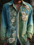Boho Lace Floral Patchwork Art Men's Linen Long Sleeve Shirt elevenforest