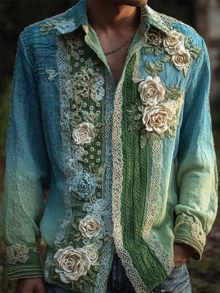 Boho Lace Floral Patchwork Art Men's Linen Long Sleeve Shirt elevenforest