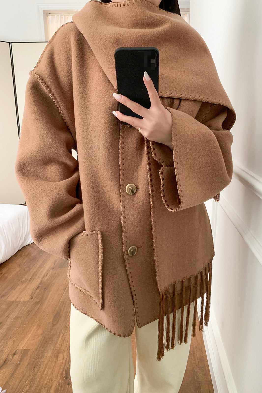 Scarf Collar Tassel Wool Embroidered Coat