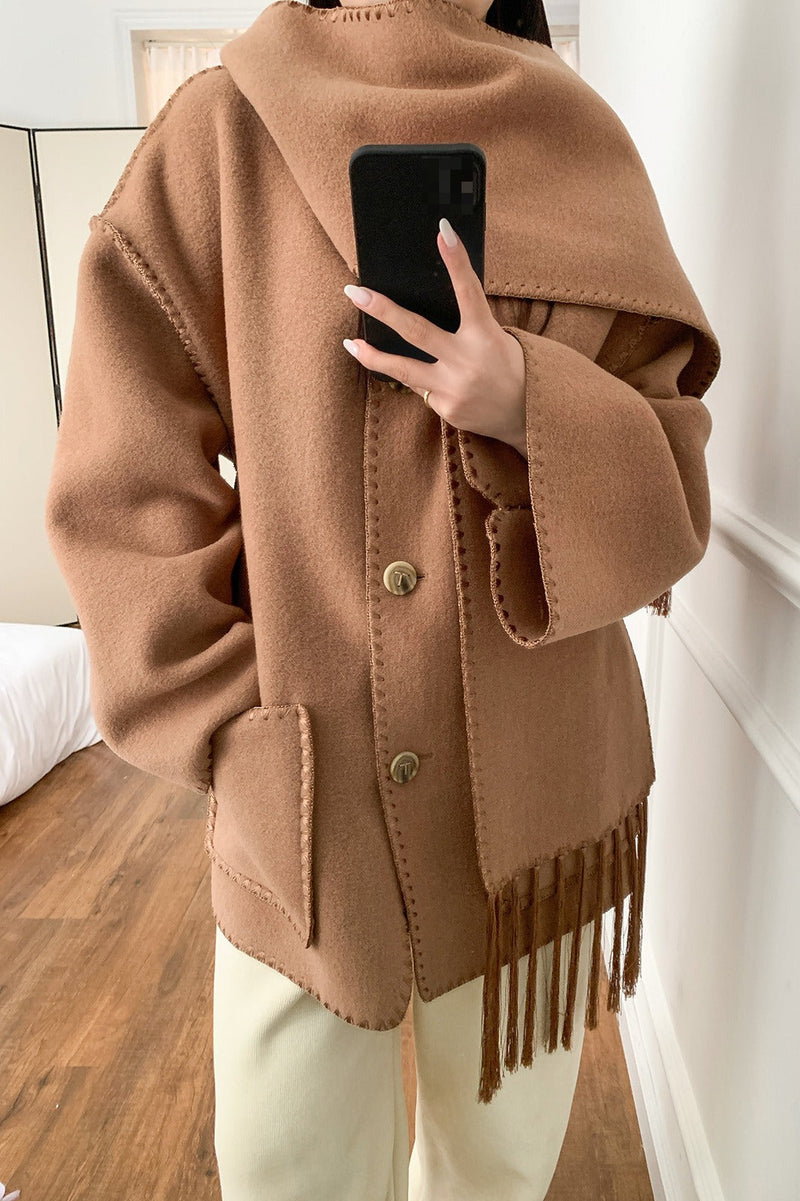 Scarf Collar Tassel Wool Embroidered Coat