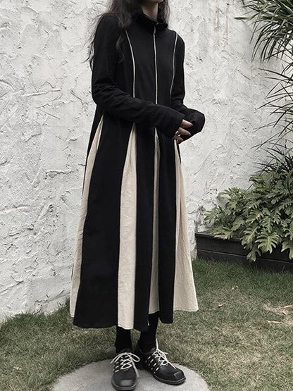 Original Contrast Color Split-joint High-neck Midi Dress