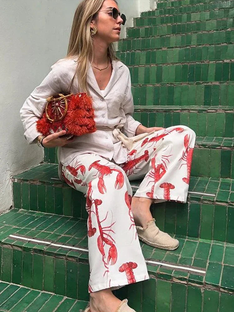 Cartoon Cray Printing Long Pants Set for Summer Short Sleeve Shirt High Waist Wide Leg Pant 2 Piece Sets Lady Outfits