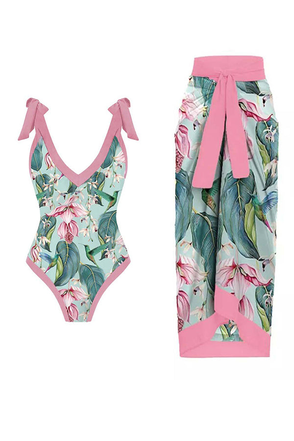 Full of Sunshine Printed Shoulder Tie One-piece Swimsuit With Midi Cover-up Skirt