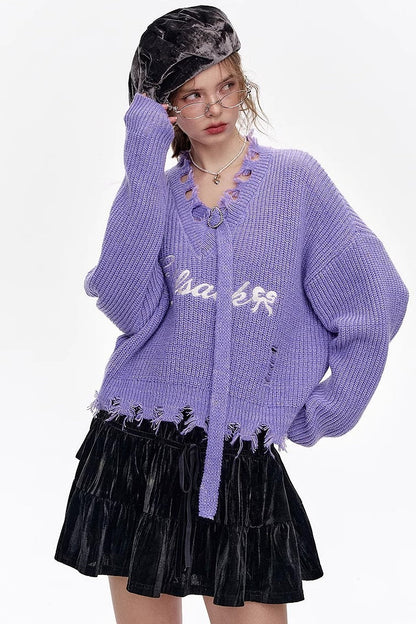 Red Embroidered Raw Edge Wool Blend Sweater