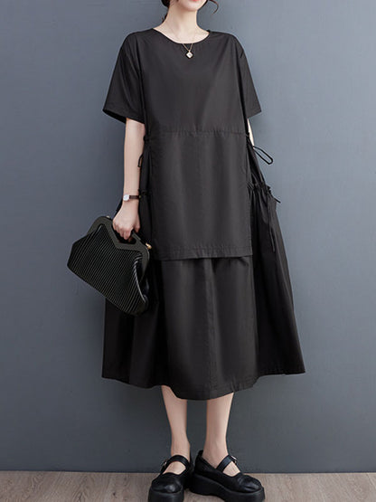 Loose Short Sleeves Color Split-joint Round-neck Midi Dresses