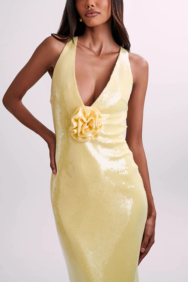 Sicilian Rose Sequin Three-dimensional Backless Maxi Dress
