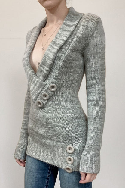 Paneled Asym V Neck Button Sweater