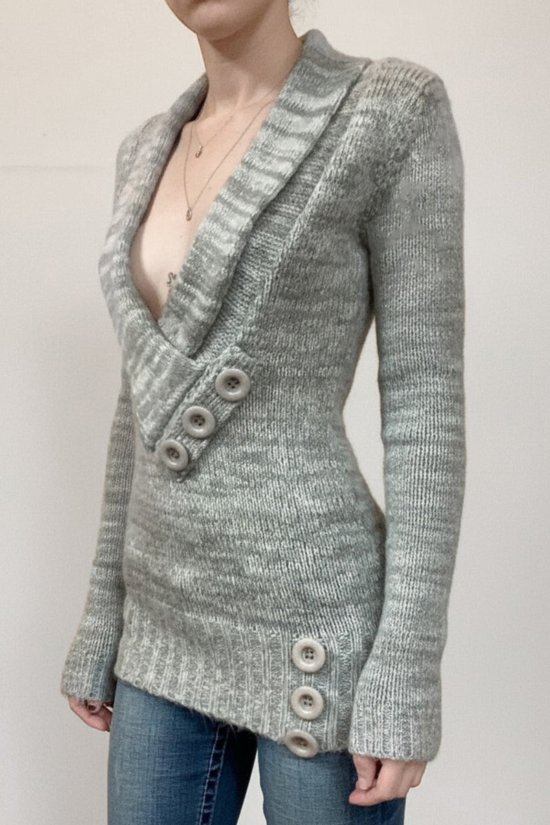 Paneled Asym V Neck Button Sweater