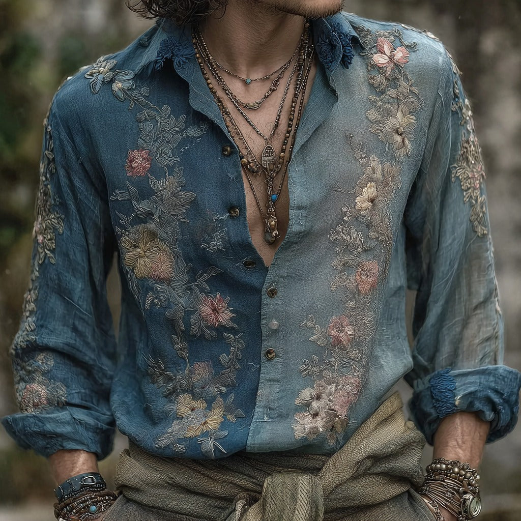 Men's Vintage Bohemian Floral Embroidered Linen Shirt elevenforest