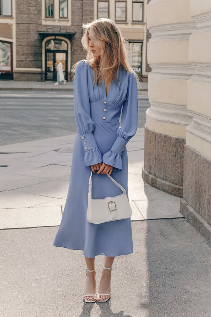 Lantern Sleeve V-neck Bodycon Maxi Dress