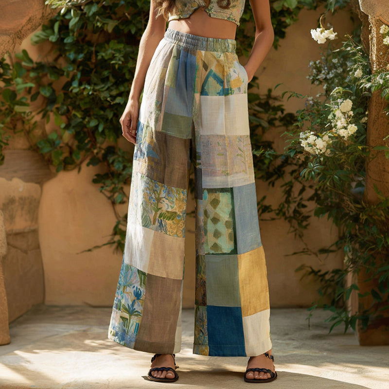 Women's Retro Bohemian Floral Patchwork Linen Trousers elevenforest