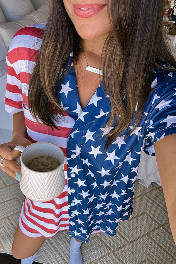 Summer Adventures Unique Print Pocket Loose Shirt and Elastic Waist Shorts Pj / Vacay Set