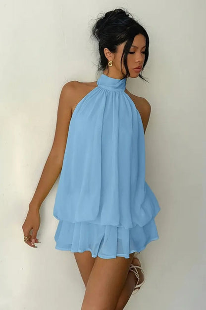 Backless Halter Tie Waist Slim Fit Ruffled Mini Dress