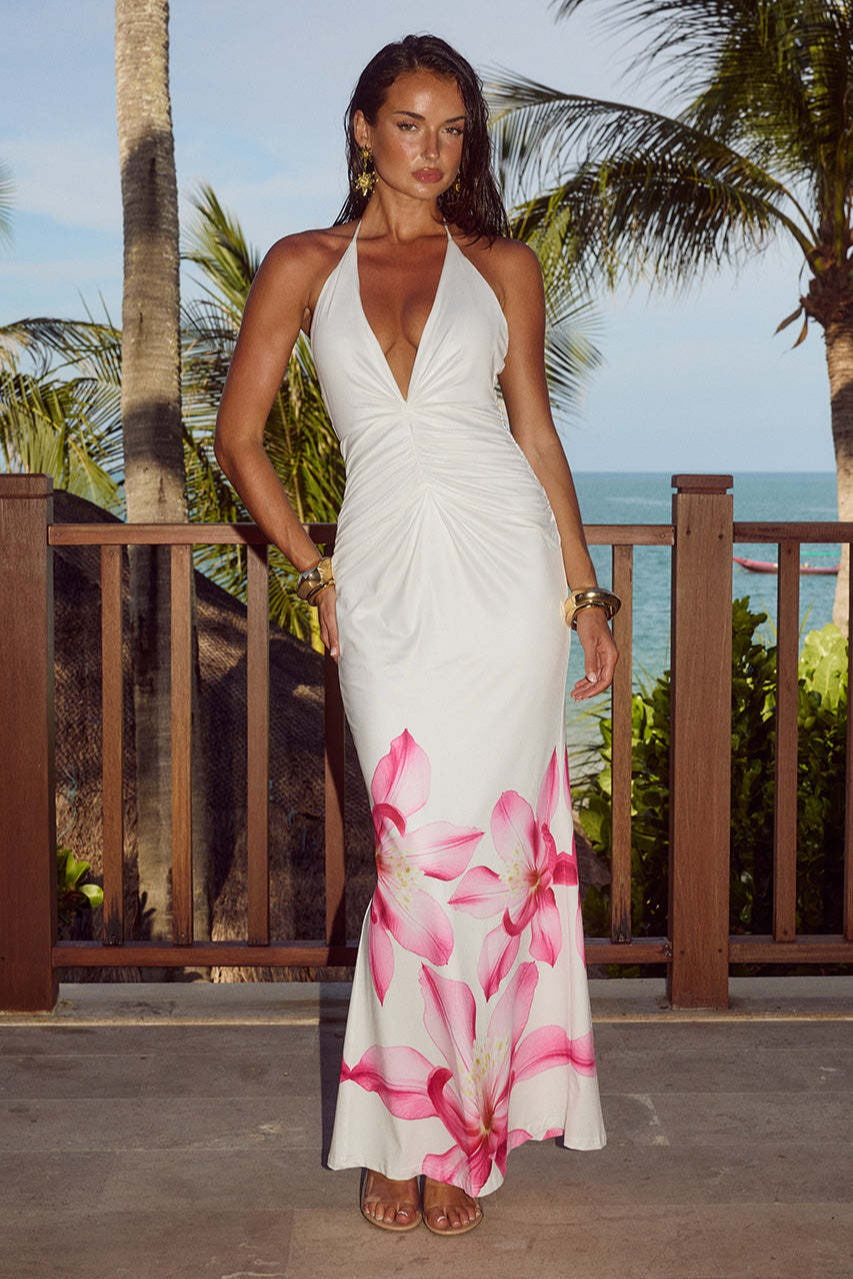 Print Strapless Backless Ruched Maxi Dress
