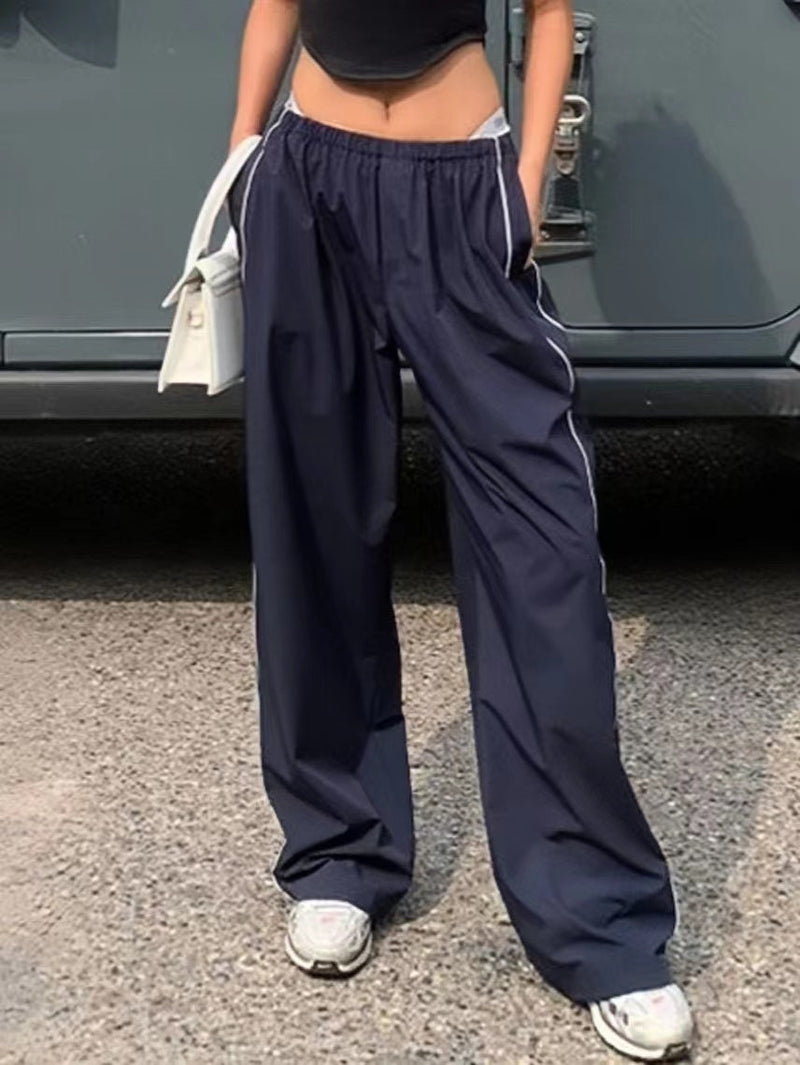 Navy Blue Retro Sport Baggy Pants With Stripes