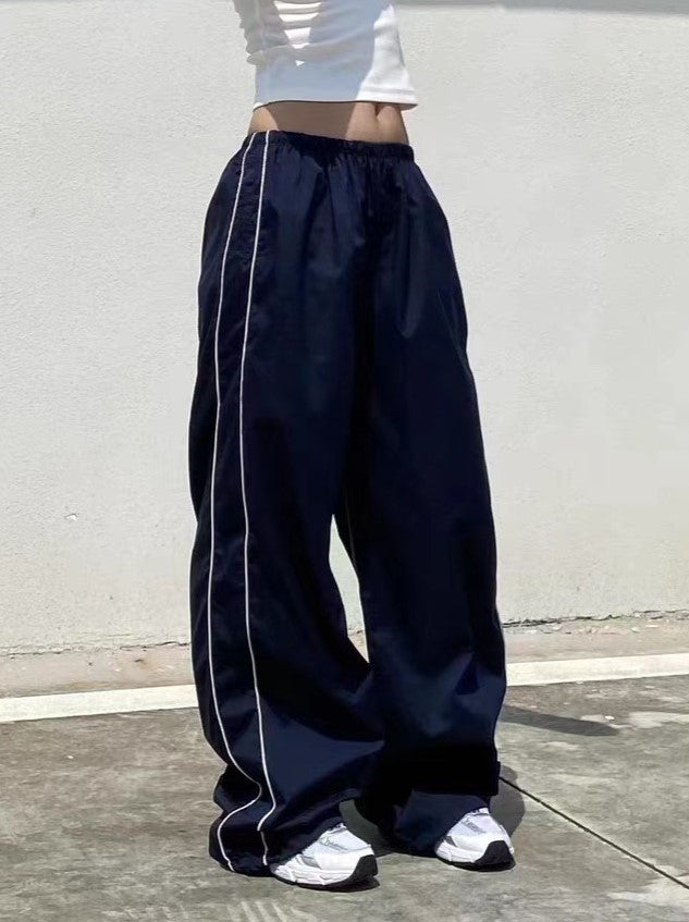 Navy Blue Retro Sport Baggy Pants With Stripes