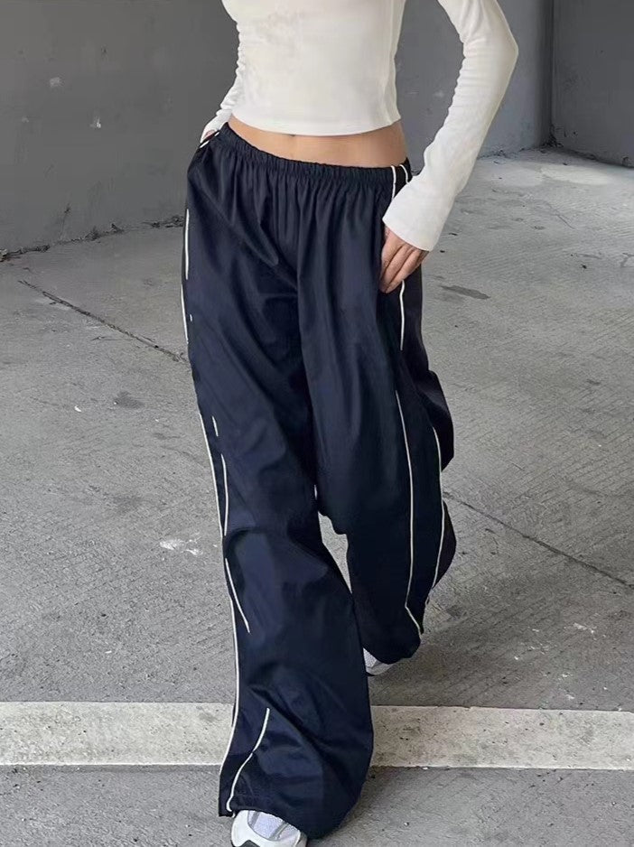 Navy Blue Retro Sport Baggy Pants With Stripes