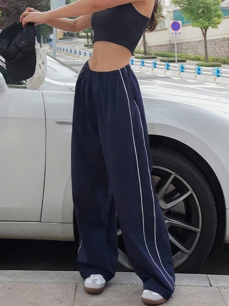 Navy Blue Retro Sport Baggy Pants With Stripes