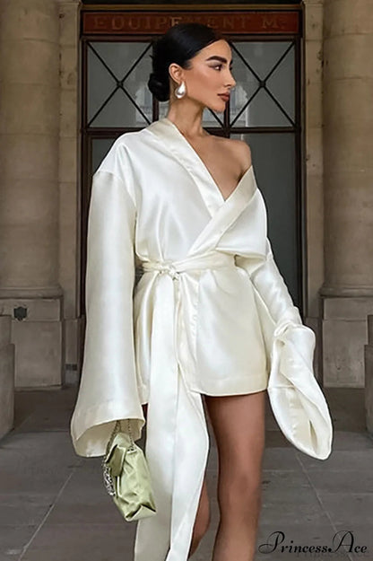Champagne Satin Tie Waist Long Sleeve V Neck a Line Mini Dress