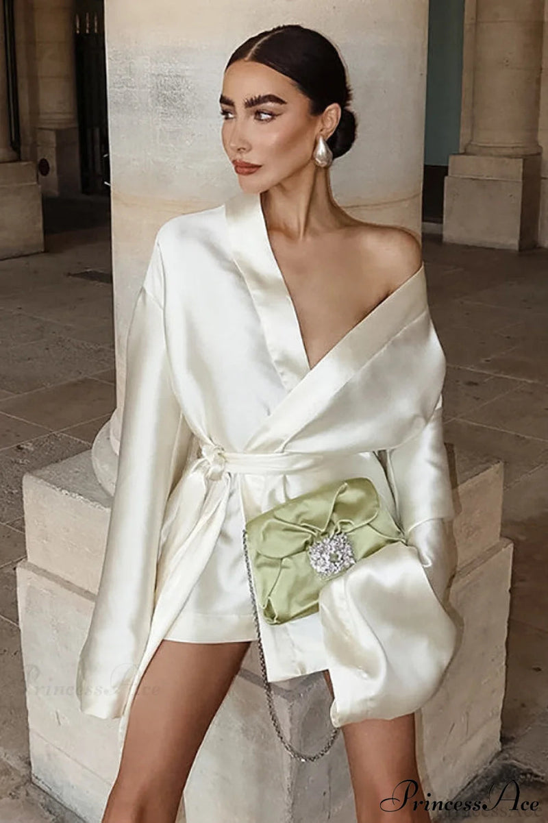 Champagne Satin Tie Waist Long Sleeve V Neck a Line Mini Dress