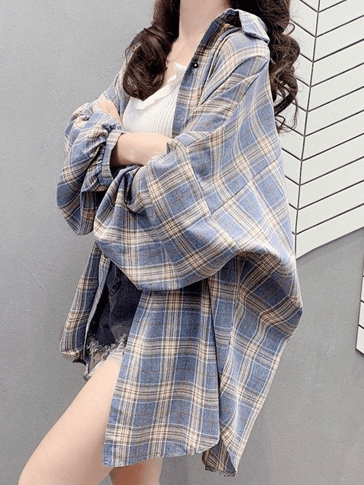Checkered Oversized Long Sleeve Button Blouse