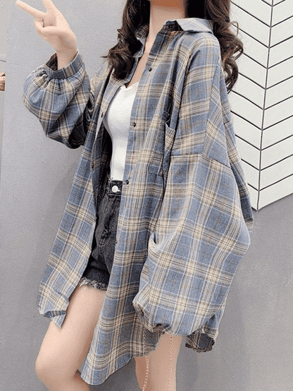 Checkered Oversized Long Sleeve Button Blouse