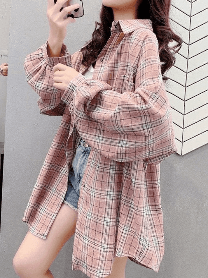 Checkered Oversized Long Sleeve Button Blouse
