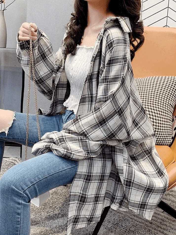Checkered Oversized Long Sleeve Button Blouse