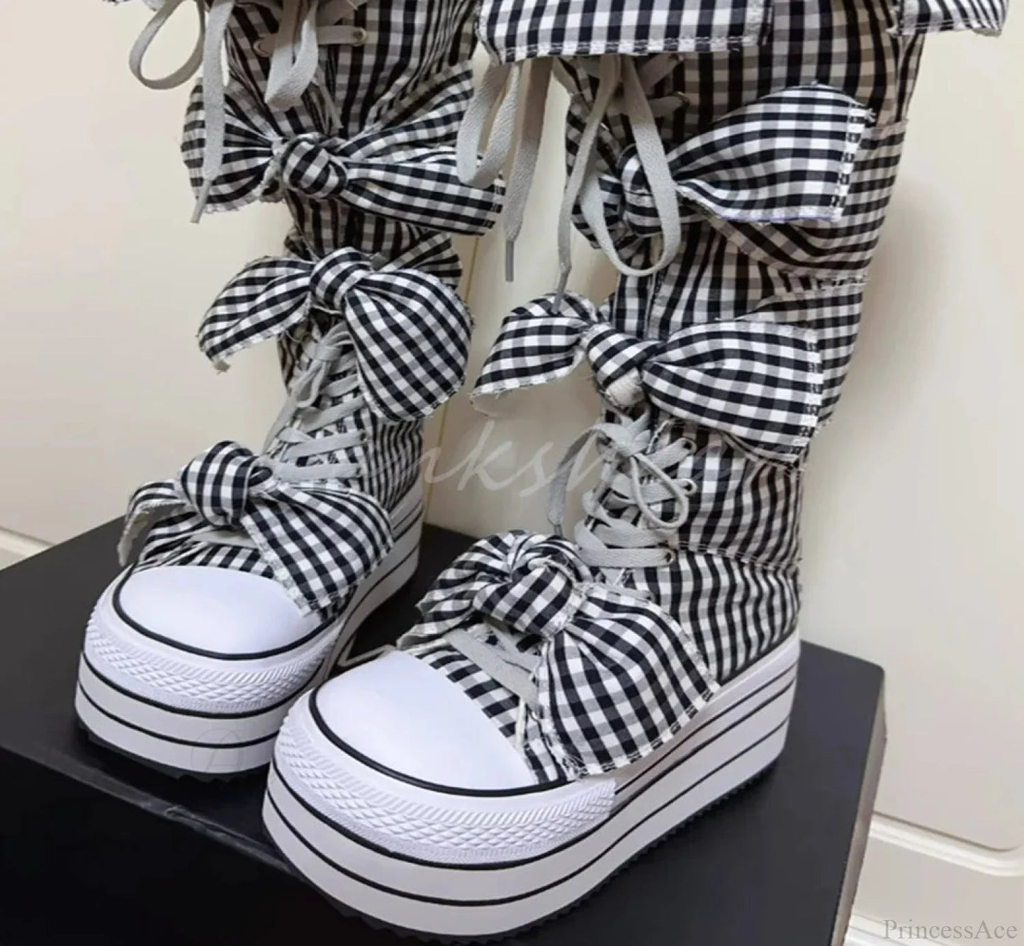 Checkered Circular Toe Knee-high Butterfly Knot Boot
