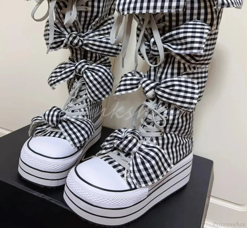 Checkered Circular Toe Knee-high Butterfly Knot Boot