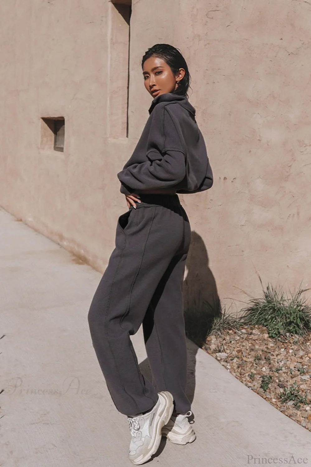 Athleisure Stand Collar Sweatshirt Elastic Jogger Two Piece Set