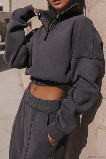 Athleisure Stand Collar Sweatshirt Elastic Jogger Two Piece Set
