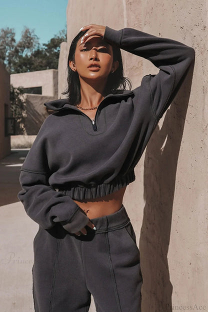 Athleisure Stand Collar Sweatshirt Elastic Jogger Two Piece Set