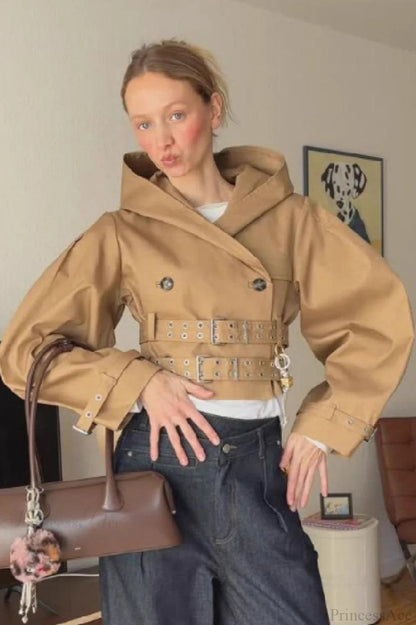 Hooded Double Belted Cropped Coat
