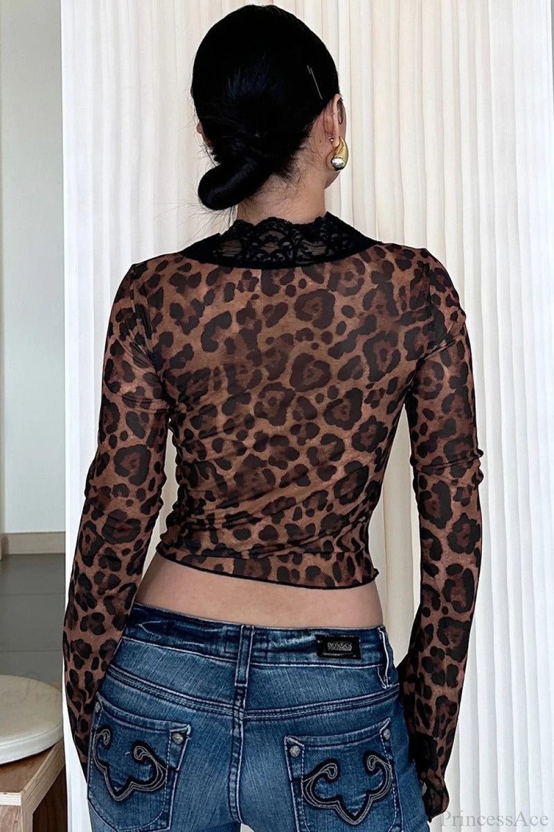 Leopard Print Mesh Lace Trim Blouse