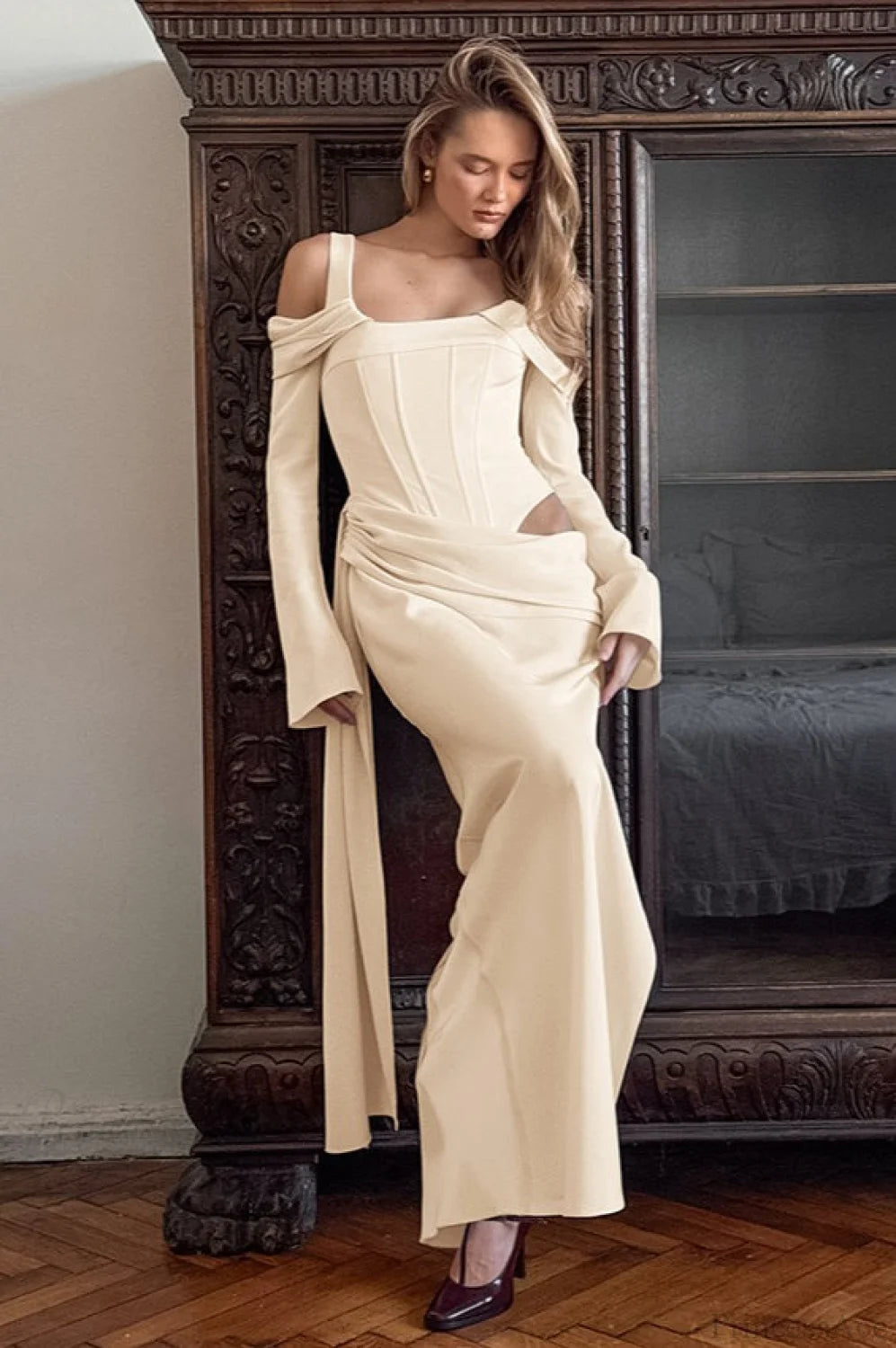 Off-the-shoulder Long Sleeve Bodycon Split Two Piece Set