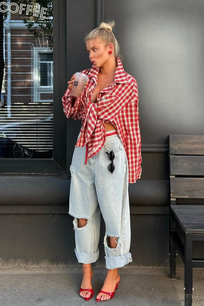 Red Plaid Collared Loose Long Sleeve Blouse