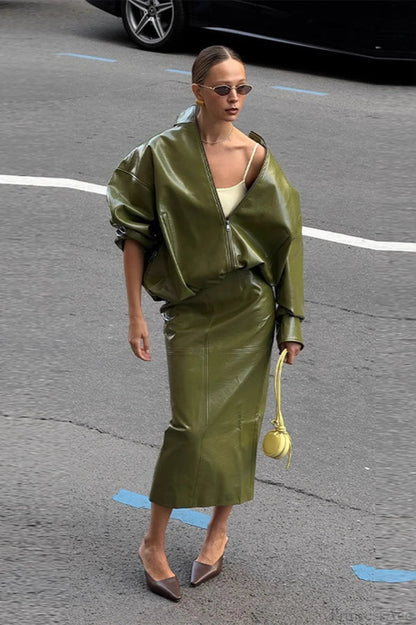 Patent Leather Stand Collar Jacket Skirt Two Piece Set