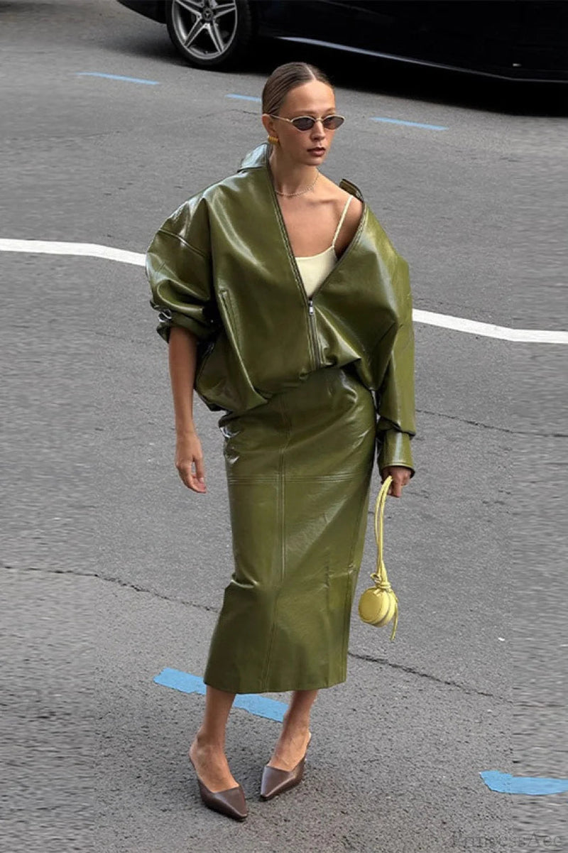 Patent Leather Stand Collar Jacket Skirt Two Piece Set