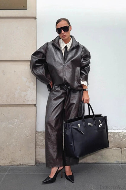 Patent Leather Stand Collar Jacket Skirt Two Piece Set