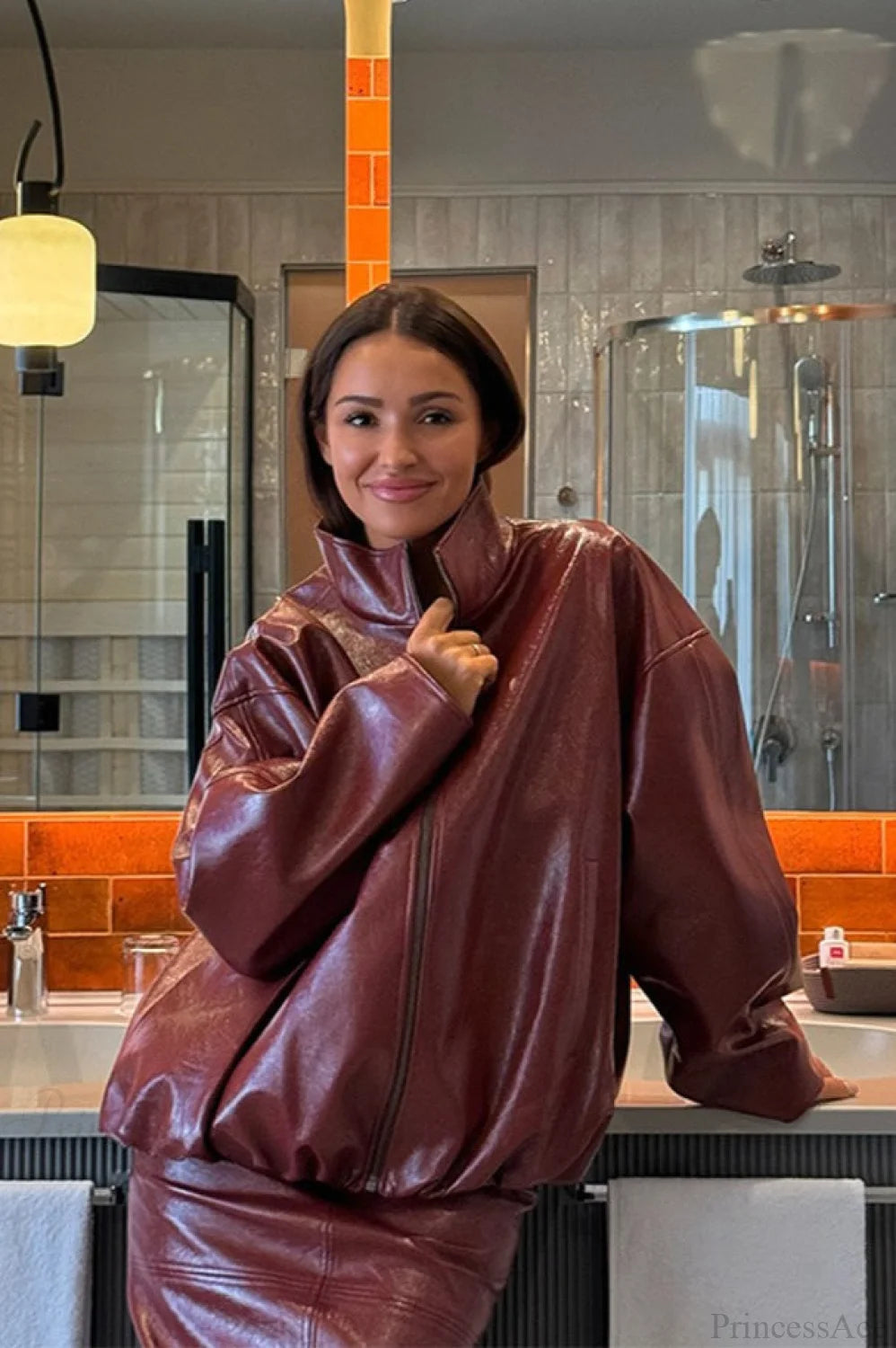 Patent Leather Stand Collar Jacket Skirt Two Piece Set