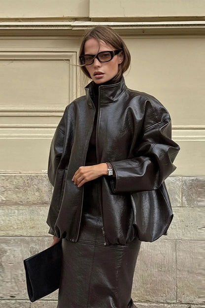 Patent Leather Stand Collar Jacket Skirt Two Piece Set