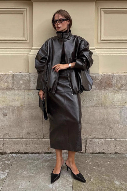 Patent Leather Stand Collar Jacket Skirt Two Piece Set