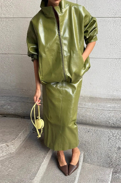 Patent Leather Stand Collar Jacket Skirt Two Piece Set