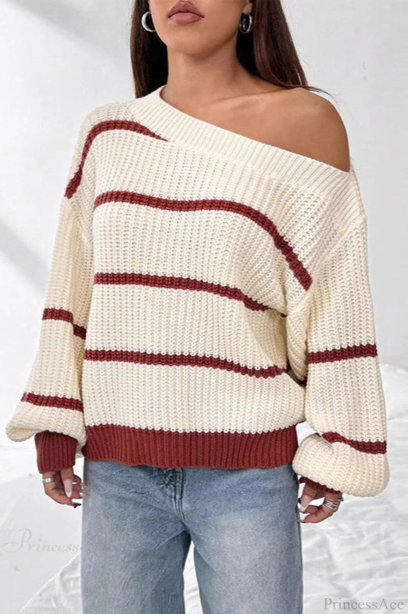 Striped Off Shoulder Lantern Sleeve Knit Sweater