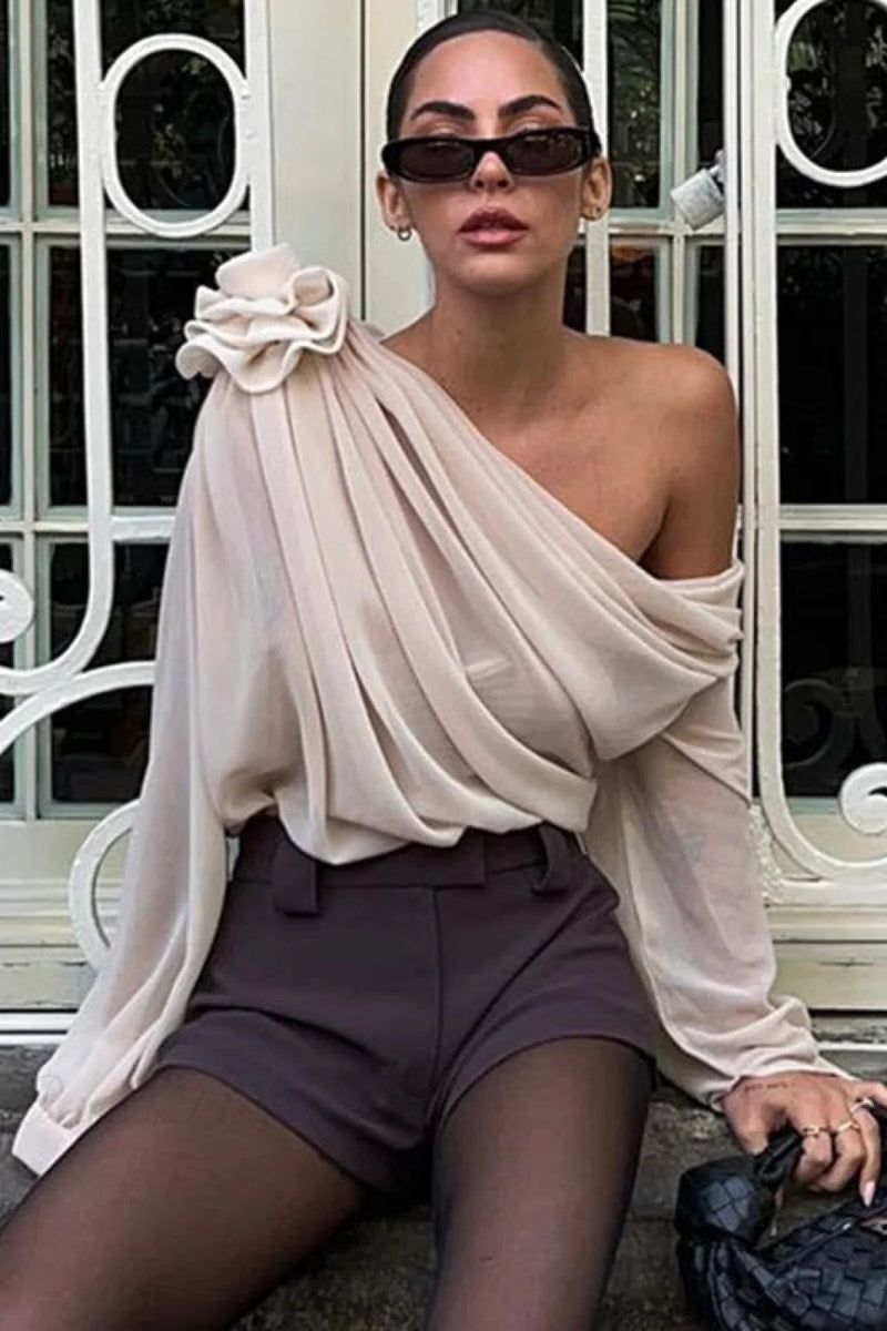 Chiffon Off-the-shoulder Fitted Blouse