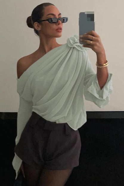 Chiffon Off-the-shoulder Fitted Blouse