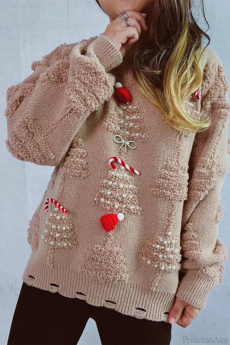 Christmas 3d Tree Pearl Flocked Sweater