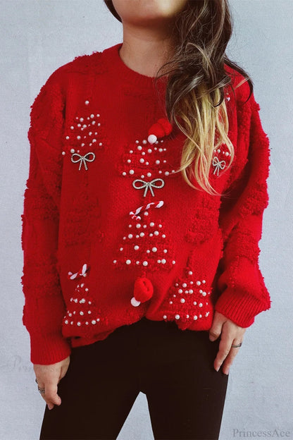 Christmas 3d Tree Pearl Flocked Sweater